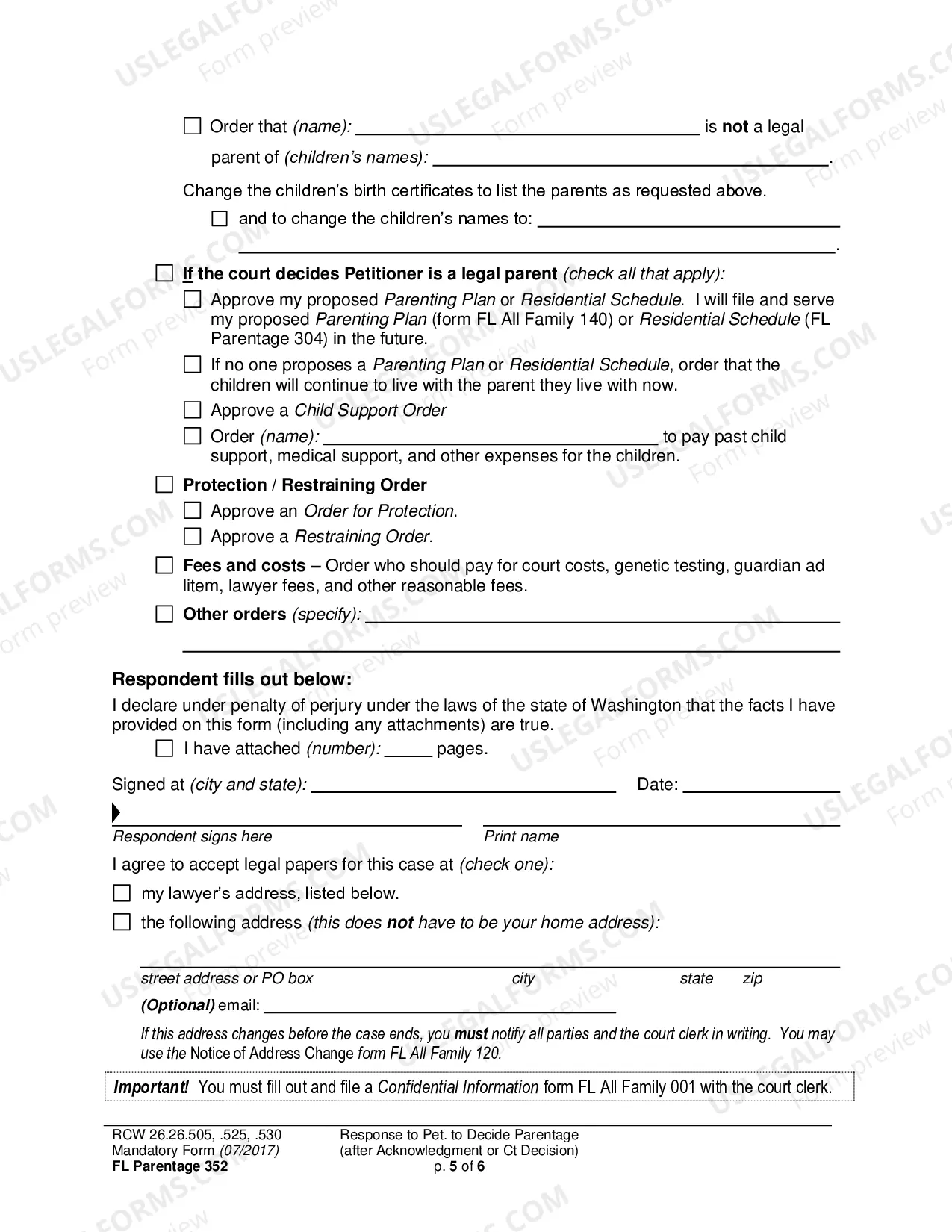 Preview Response to Petition to Decide Parentage (after Acknowledgment or Court Decision)