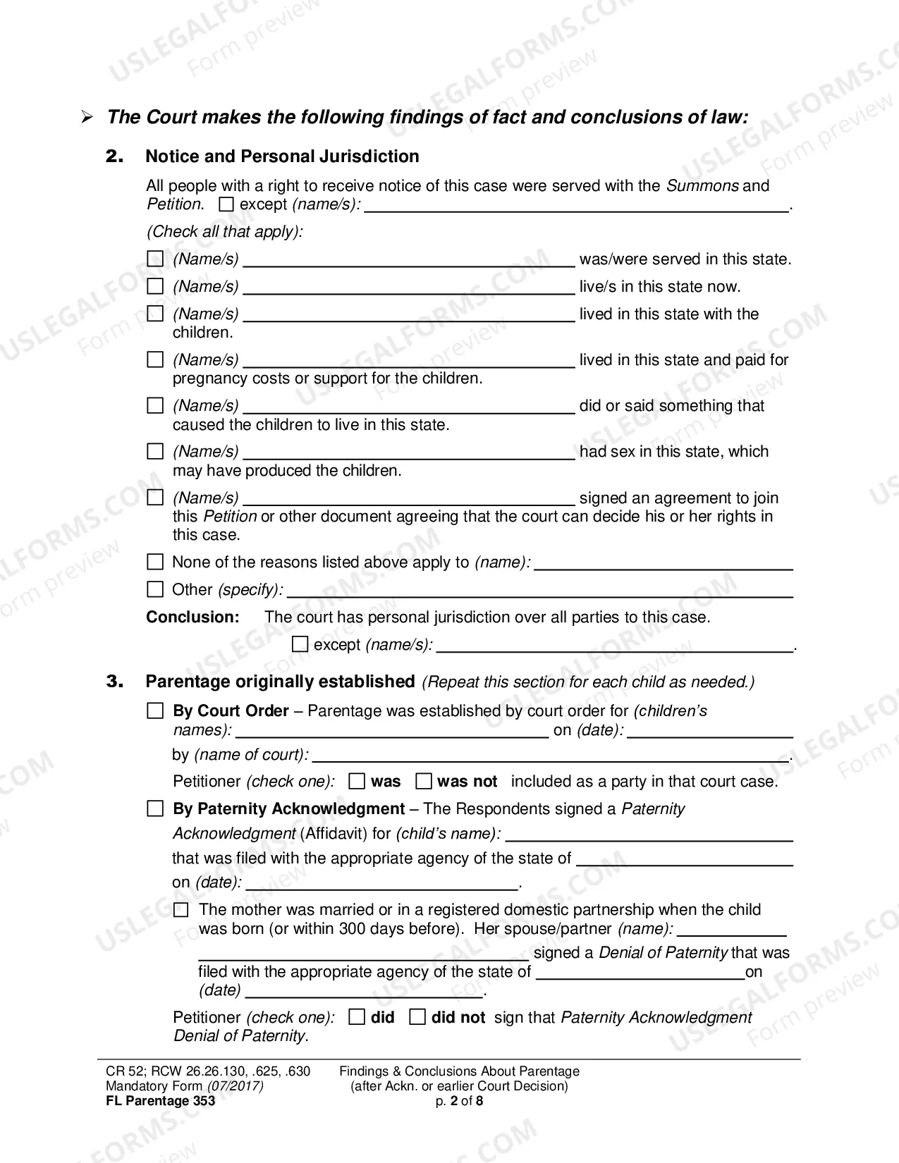 Preview Findings and Conclusions About Parentage (after Acknowledgment or earlier Court Decision)