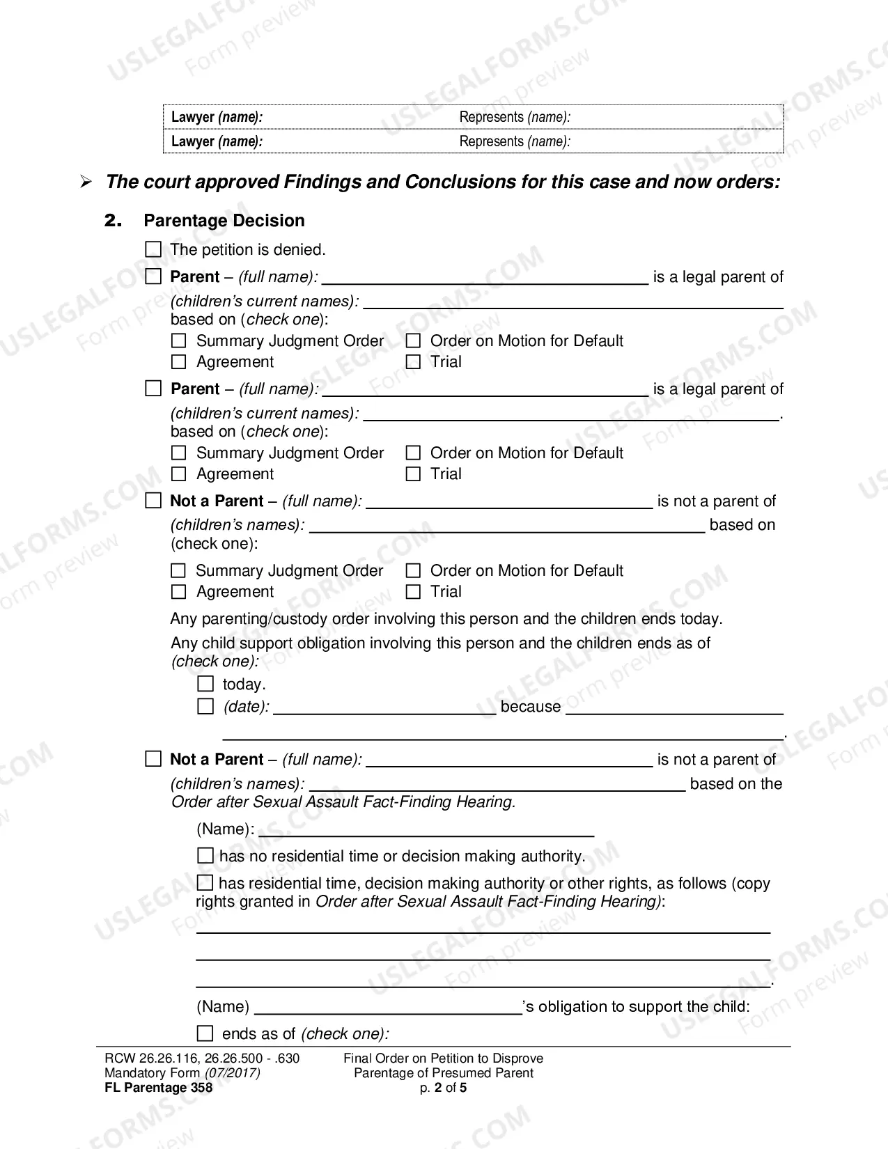 Preview Final Order on Petition to Disprove Parentage of Presumed Parent