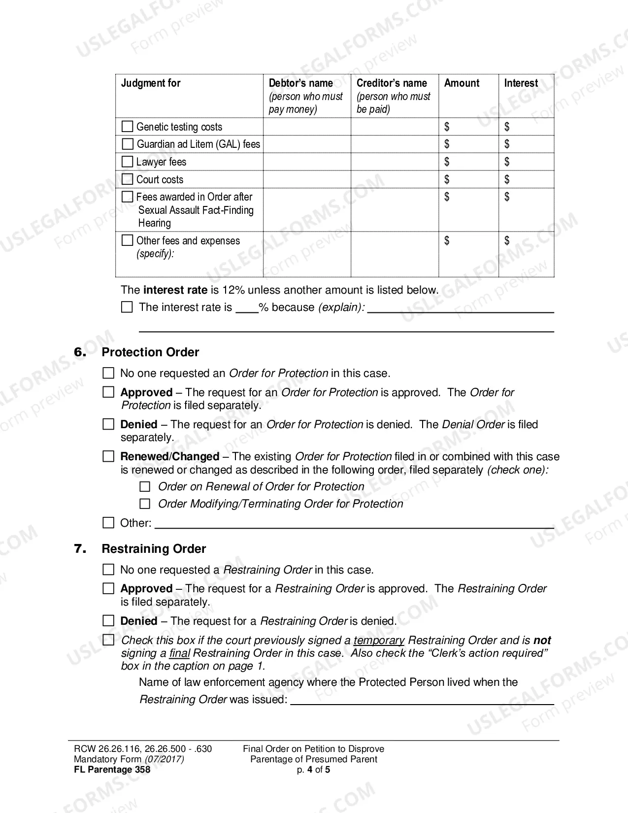 Preview Final Order on Petition to Disprove Parentage of Presumed Parent