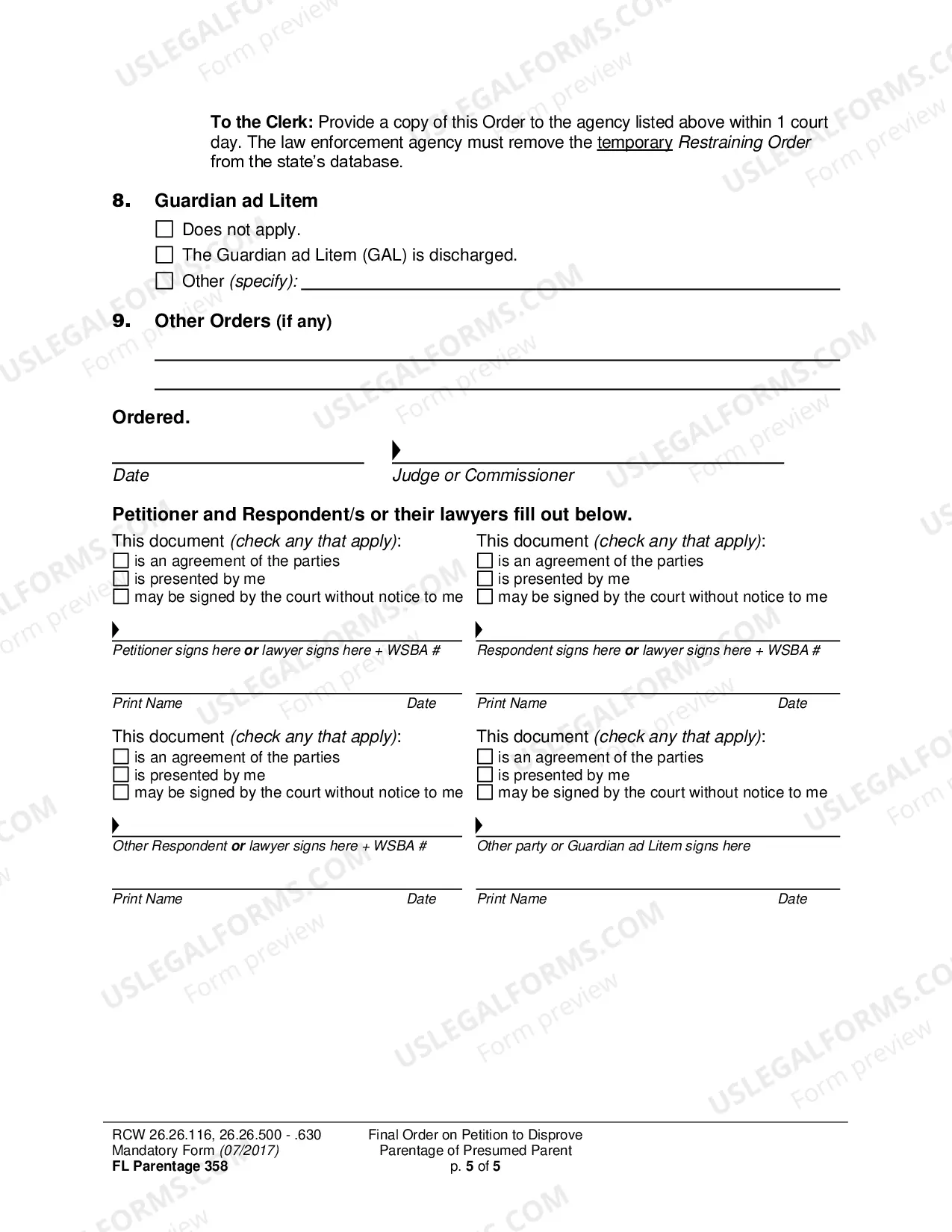 Preview Final Order on Petition to Disprove Parentage of Presumed Parent