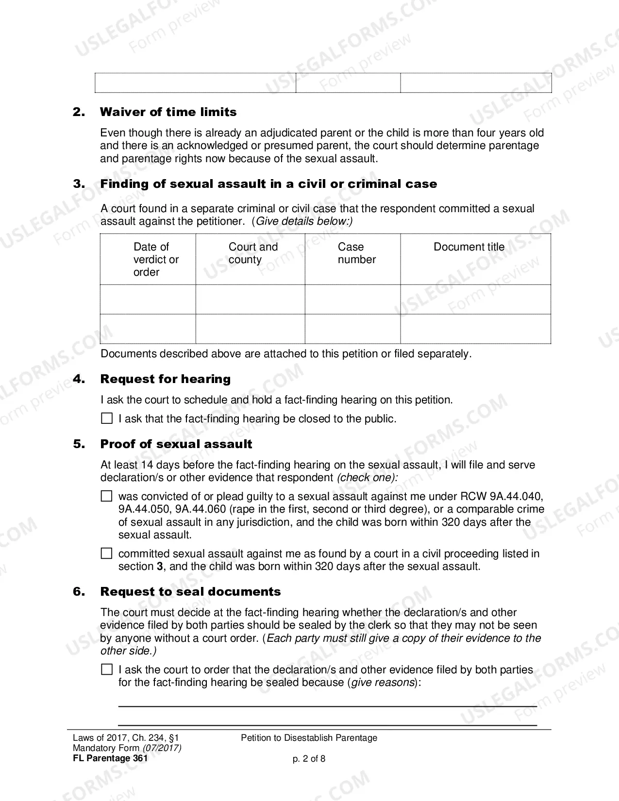 Preview Petition to Disestablish Parentage - Criminal or Civil Finding of Sexual Assault (Filing time limit extended to July 23, 2019)