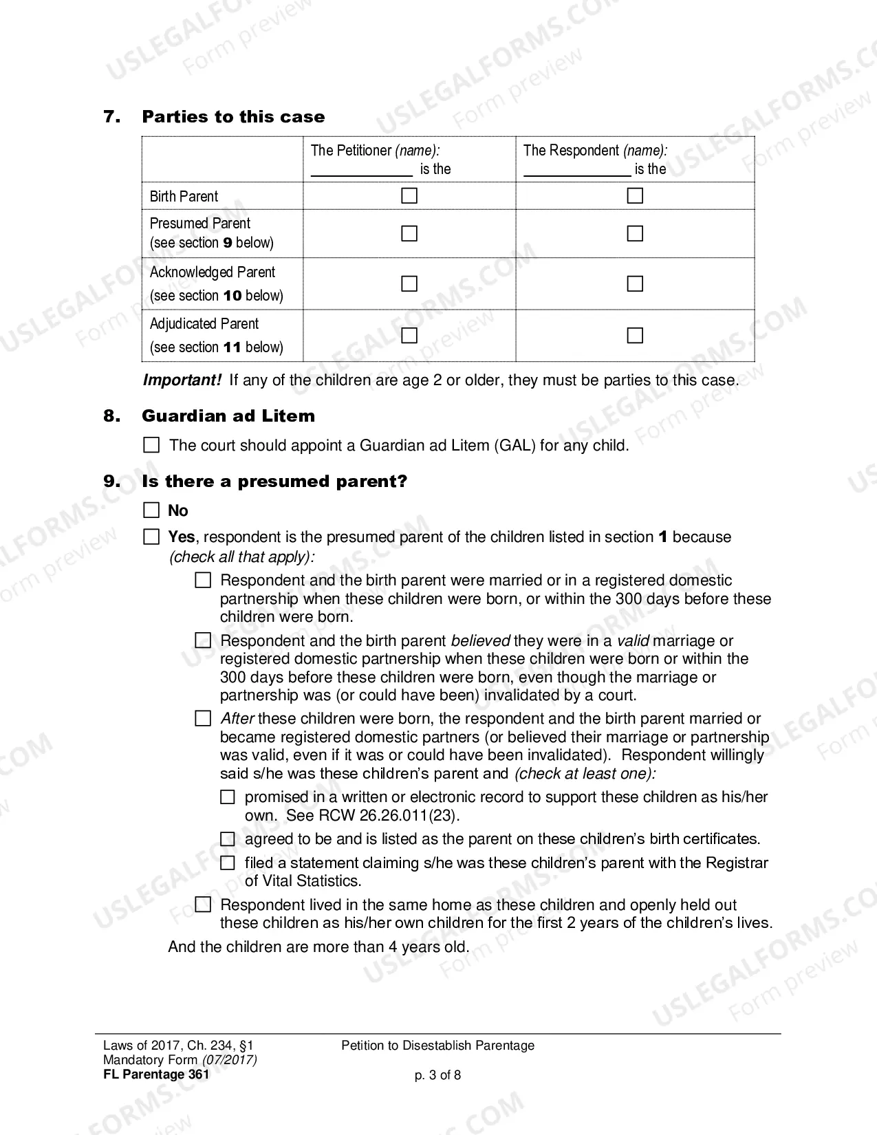 Preview Petition to Disestablish Parentage - Criminal or Civil Finding of Sexual Assault (Filing time limit extended to July 23, 2019)