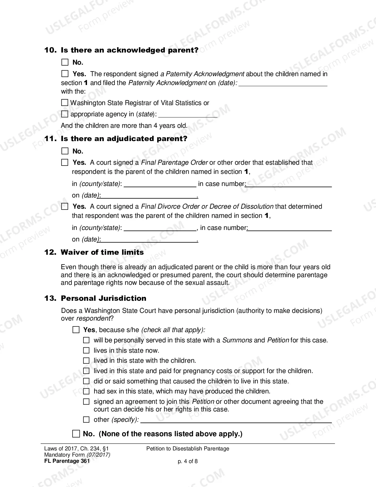 Preview Petition to Disestablish Parentage - Criminal or Civil Finding of Sexual Assault (Filing time limit extended to July 23, 2019)