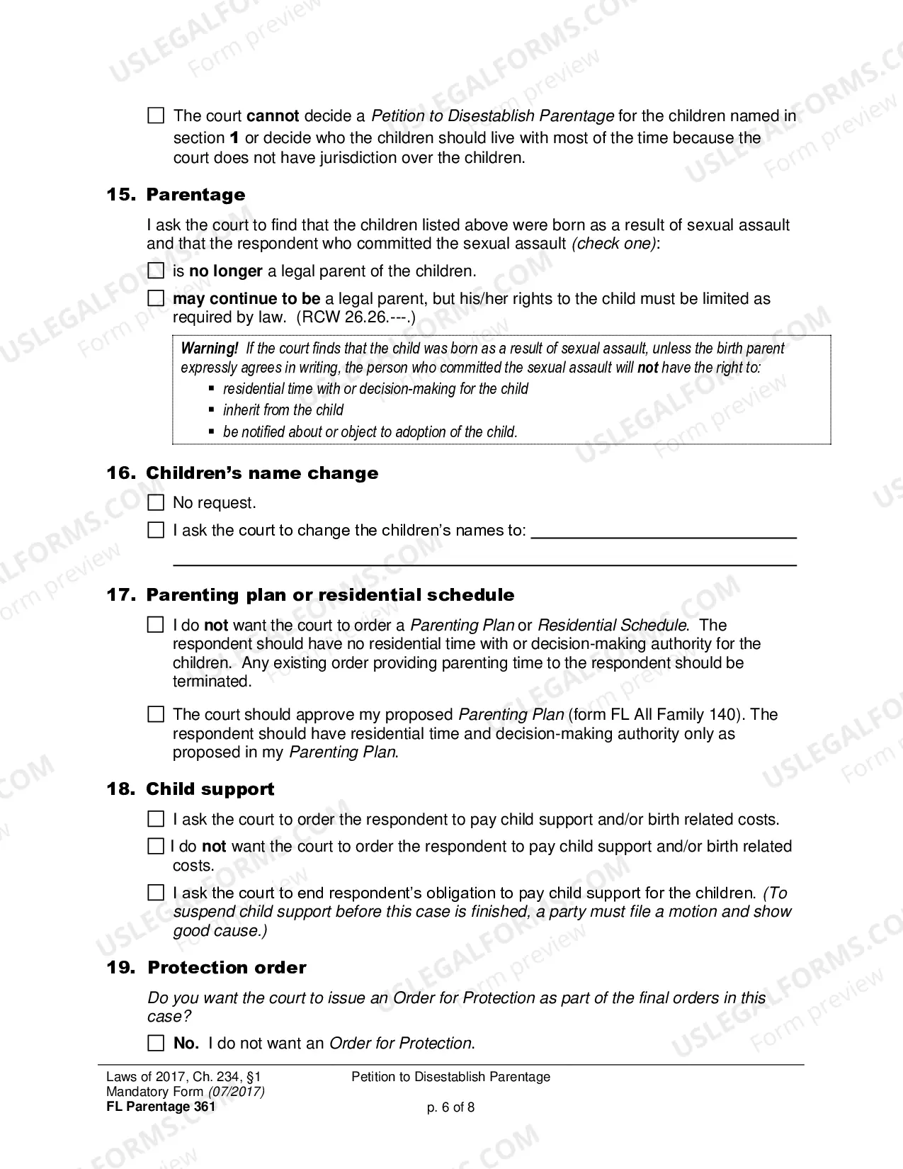Preview Petition to Disestablish Parentage - Criminal or Civil Finding of Sexual Assault (Filing time limit extended to July 23, 2019)