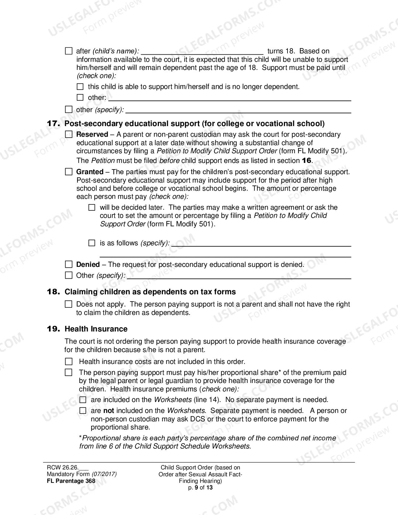 Preview Child Support Order (based on Order after Sexual Assault Fact-Finding Hearing)