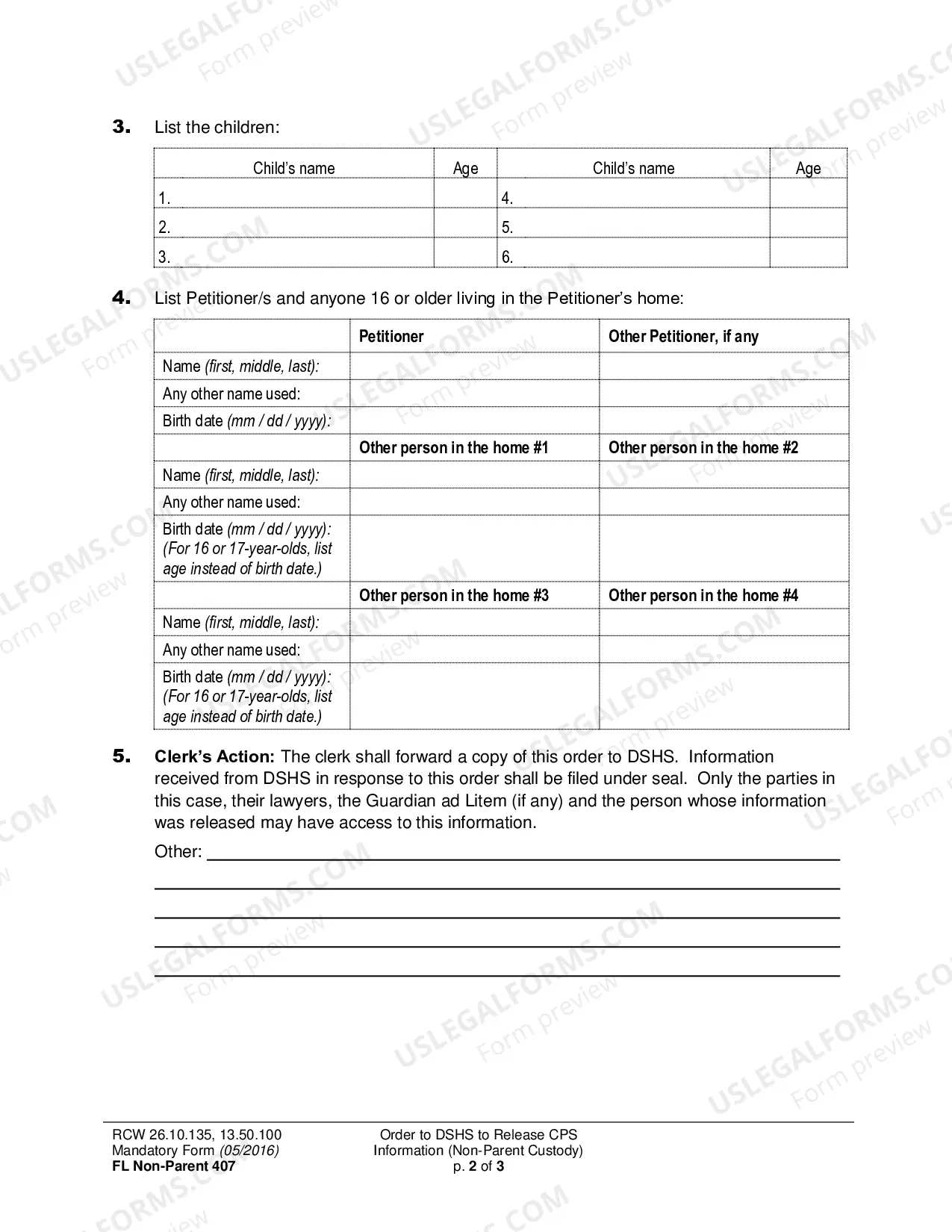 Preview Order to DSHS to Release CPS Information (Non-Parent Custody)