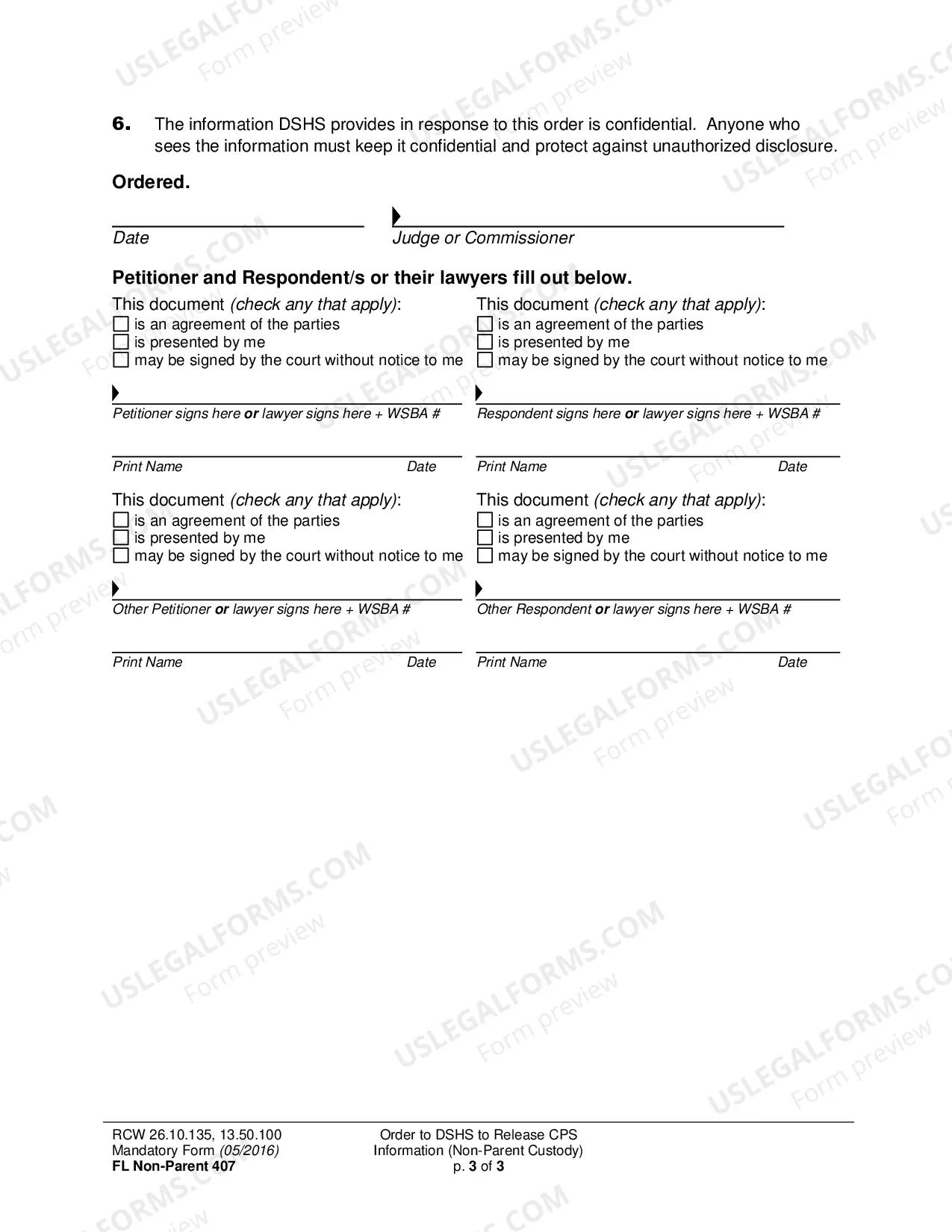Preview Order to DSHS to Release CPS Information (Non-Parent Custody)