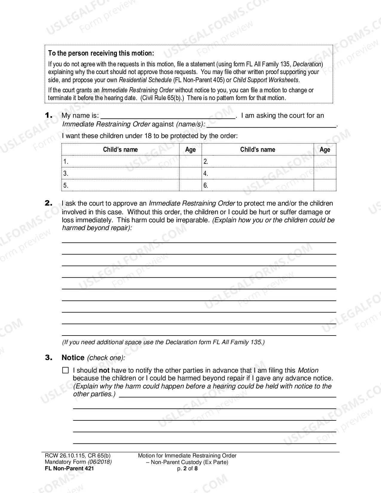 Preview Motion for Immediate Restraining Order-Non-Parent Custody (Ex Parte)