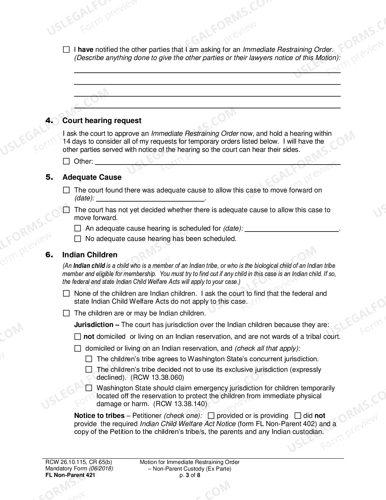 Preview Motion for Immediate Restraining Order-Non-Parent Custody (Ex Parte)