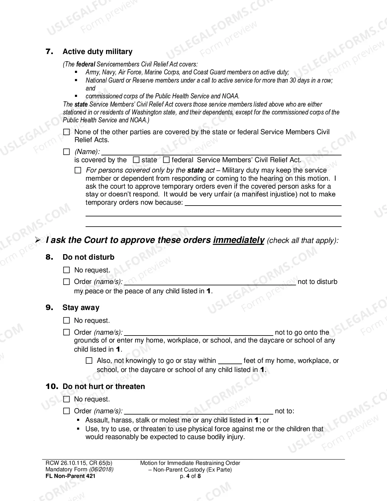 Preview Motion for Immediate Restraining Order-Non-Parent Custody (Ex Parte)