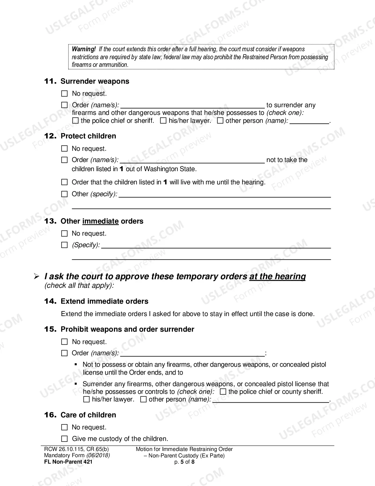 Preview Motion for Immediate Restraining Order-Non-Parent Custody (Ex Parte)