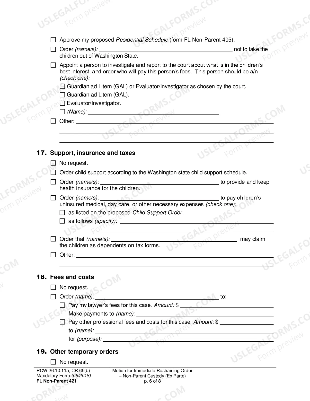 Preview Motion for Immediate Restraining Order-Non-Parent Custody (Ex Parte)