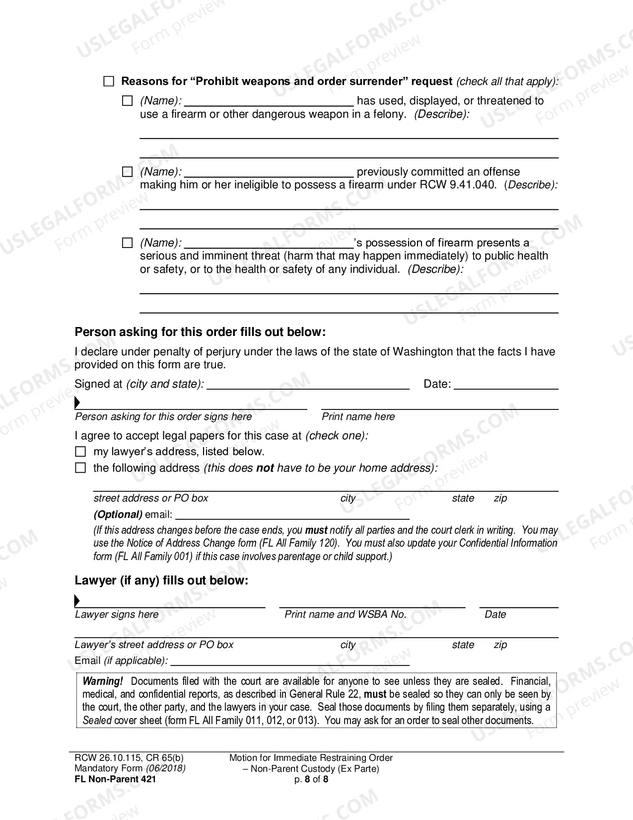 Preview Motion for Immediate Restraining Order-Non-Parent Custody (Ex Parte)