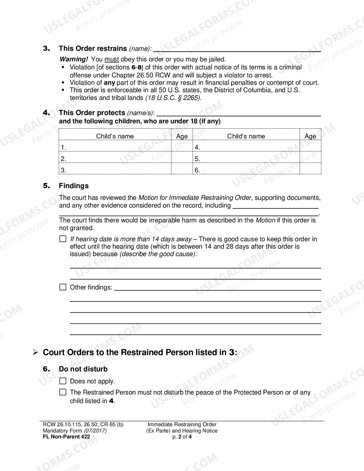 Preview Immediate Restraining Order (Ex Parte) and Hearing Notice (Non-Parent Custody)