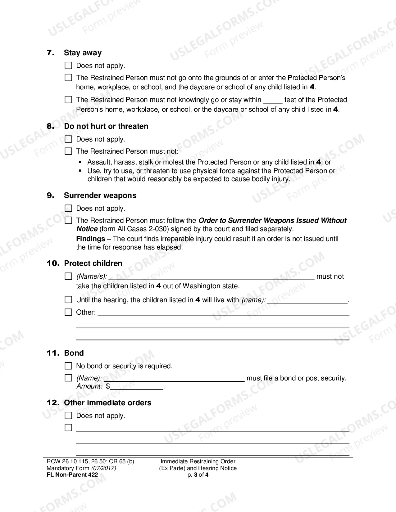 Preview Immediate Restraining Order (Ex Parte) and Hearing Notice (Non-Parent Custody)