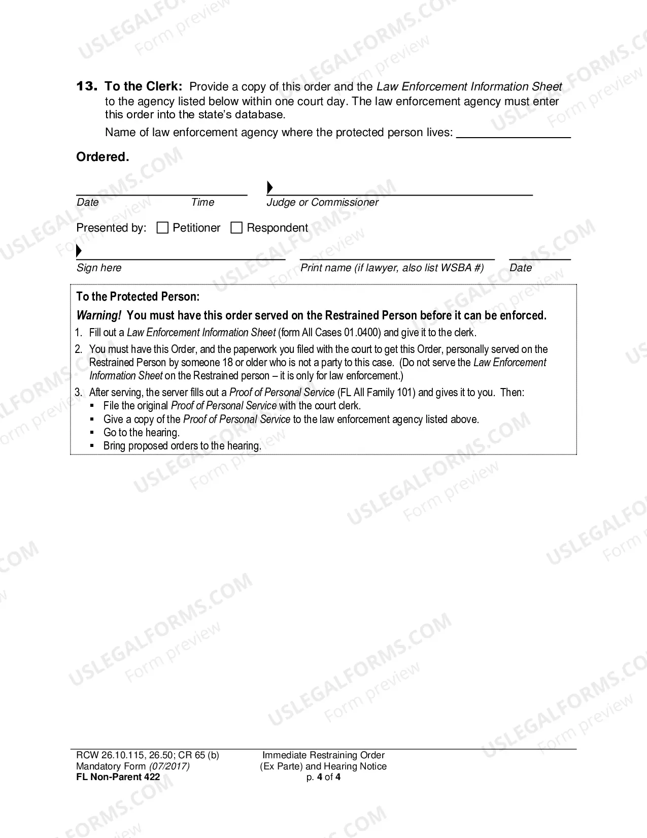 Preview Immediate Restraining Order (Ex Parte) and Hearing Notice (Non-Parent Custody)