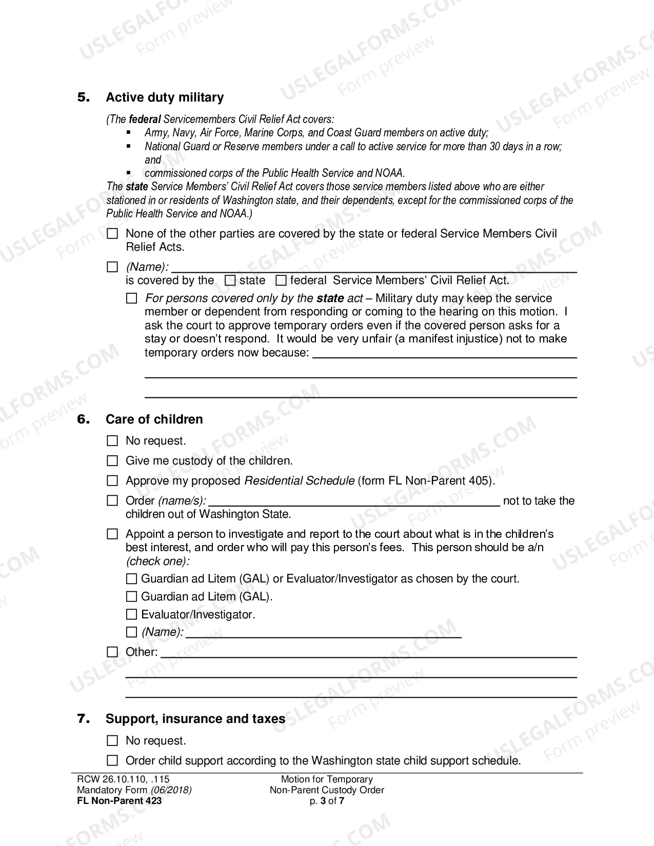 Preview Motion for Temporary Non-Parent Custody Order [ ] and Restraining Order