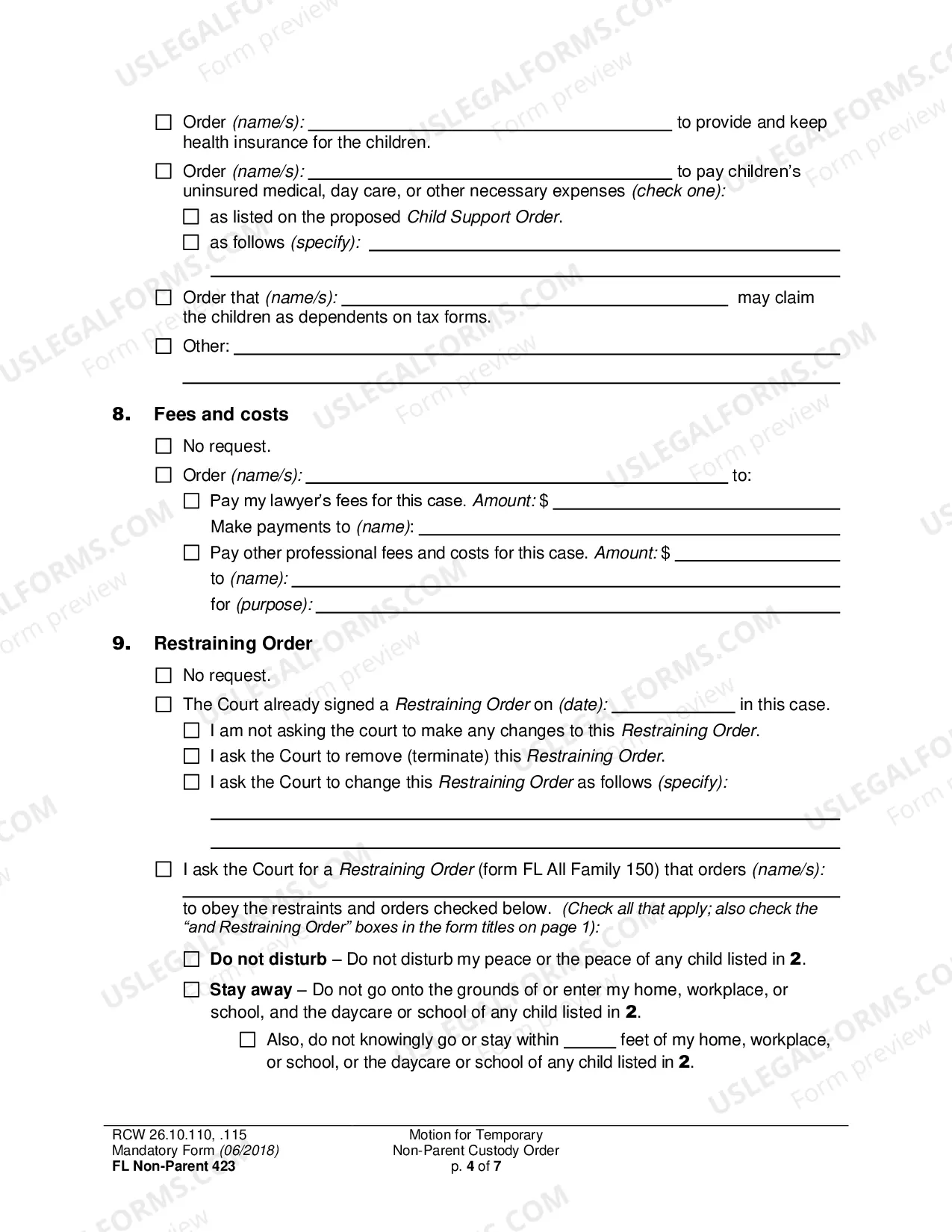 Preview Motion for Temporary Non-Parent Custody Order [ ] and Restraining Order