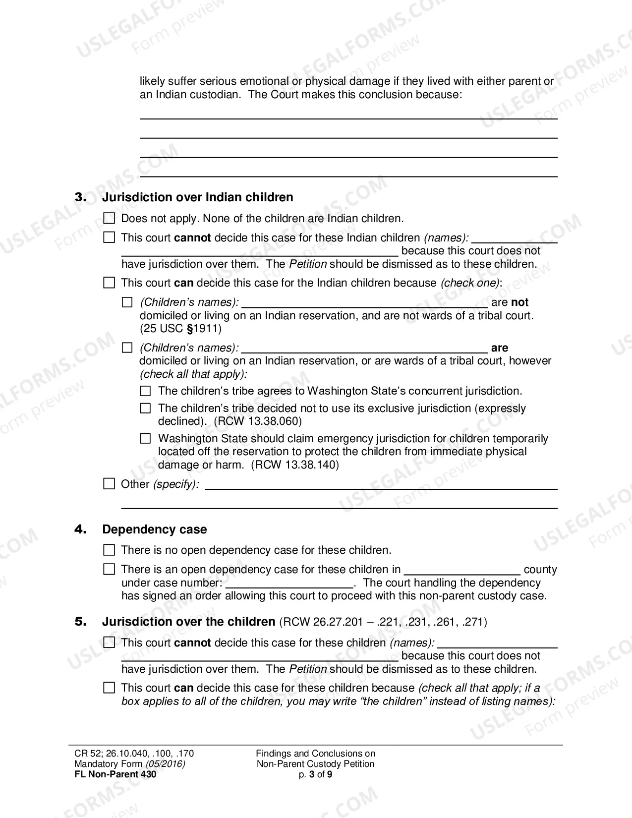 Preview Findings and Conclusions on Non-Parent Custody Petition