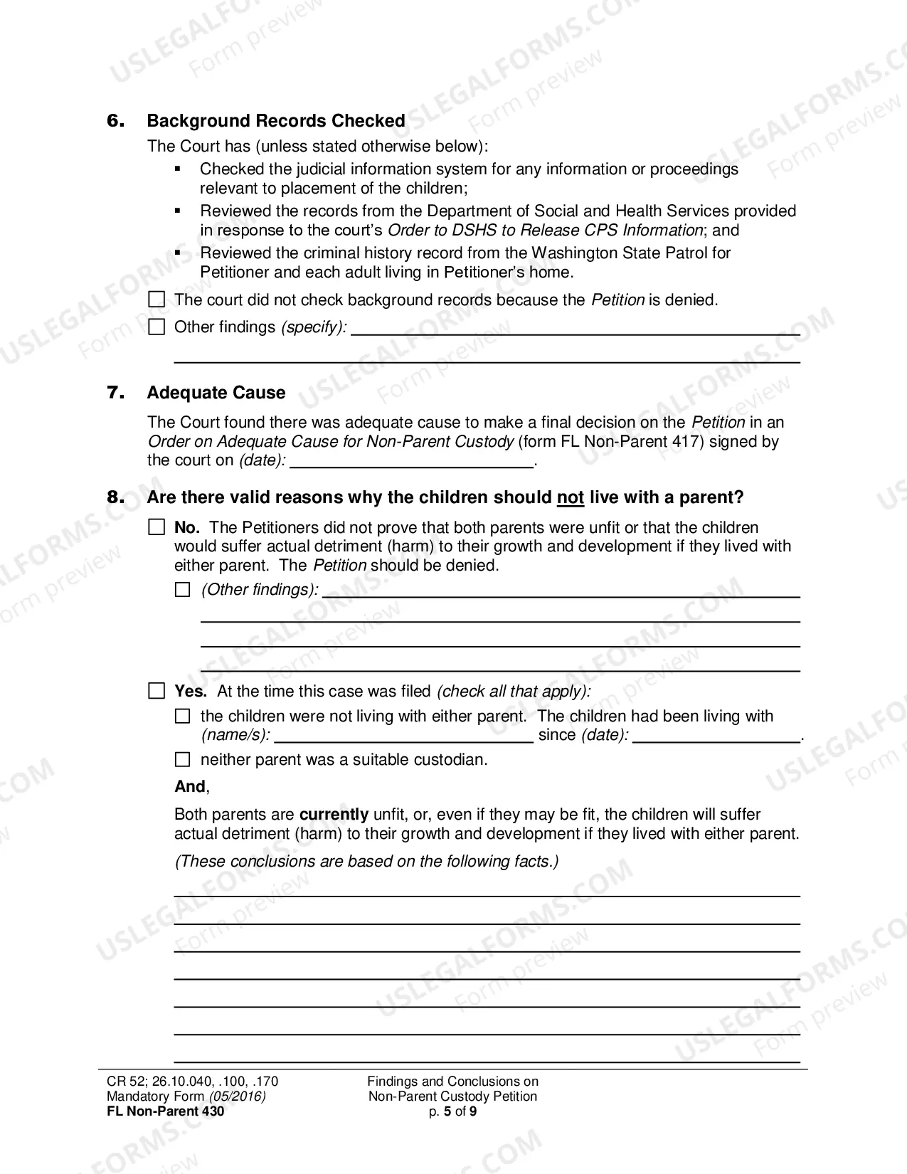 Preview Findings and Conclusions on Non-Parent Custody Petition