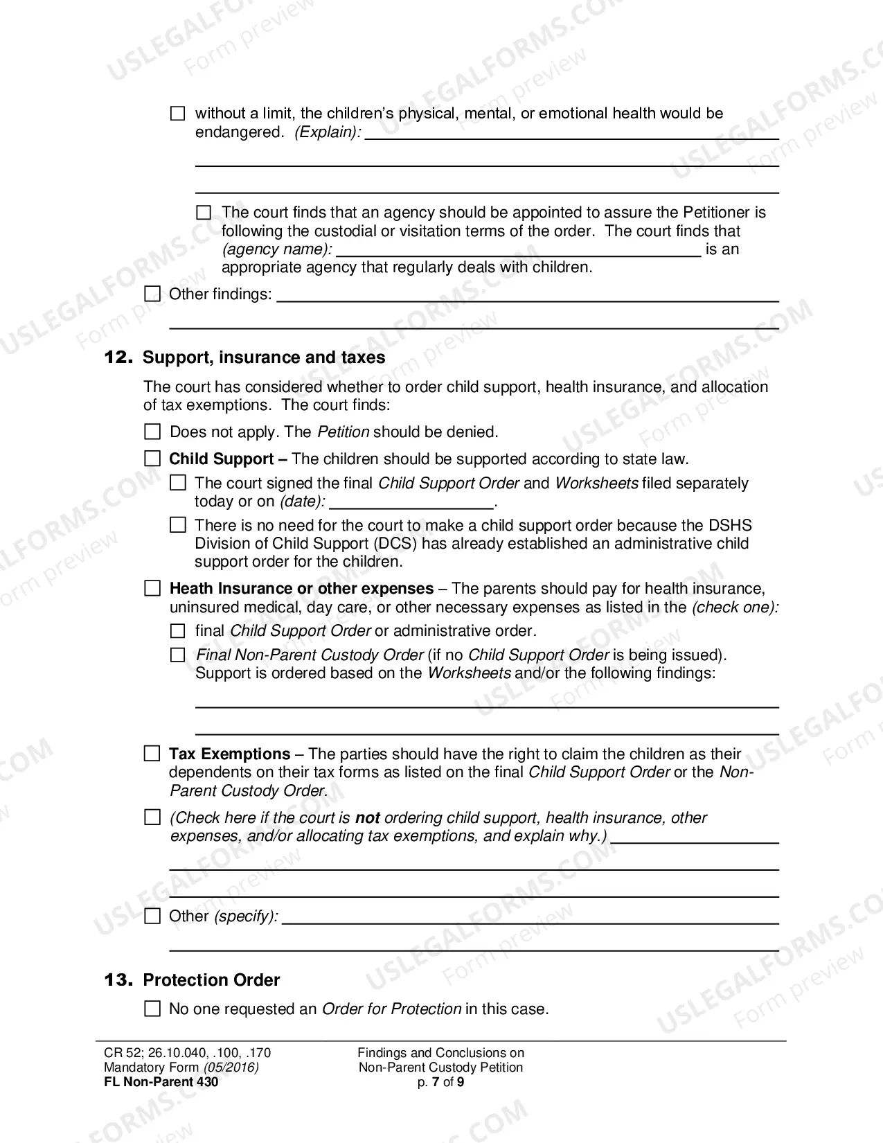 Preview Findings and Conclusions on Non-Parent Custody Petition