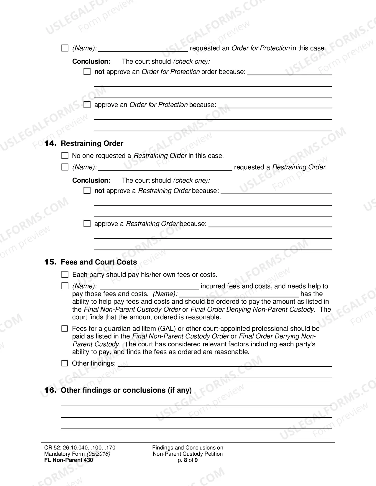 Preview Findings and Conclusions on Non-Parent Custody Petition