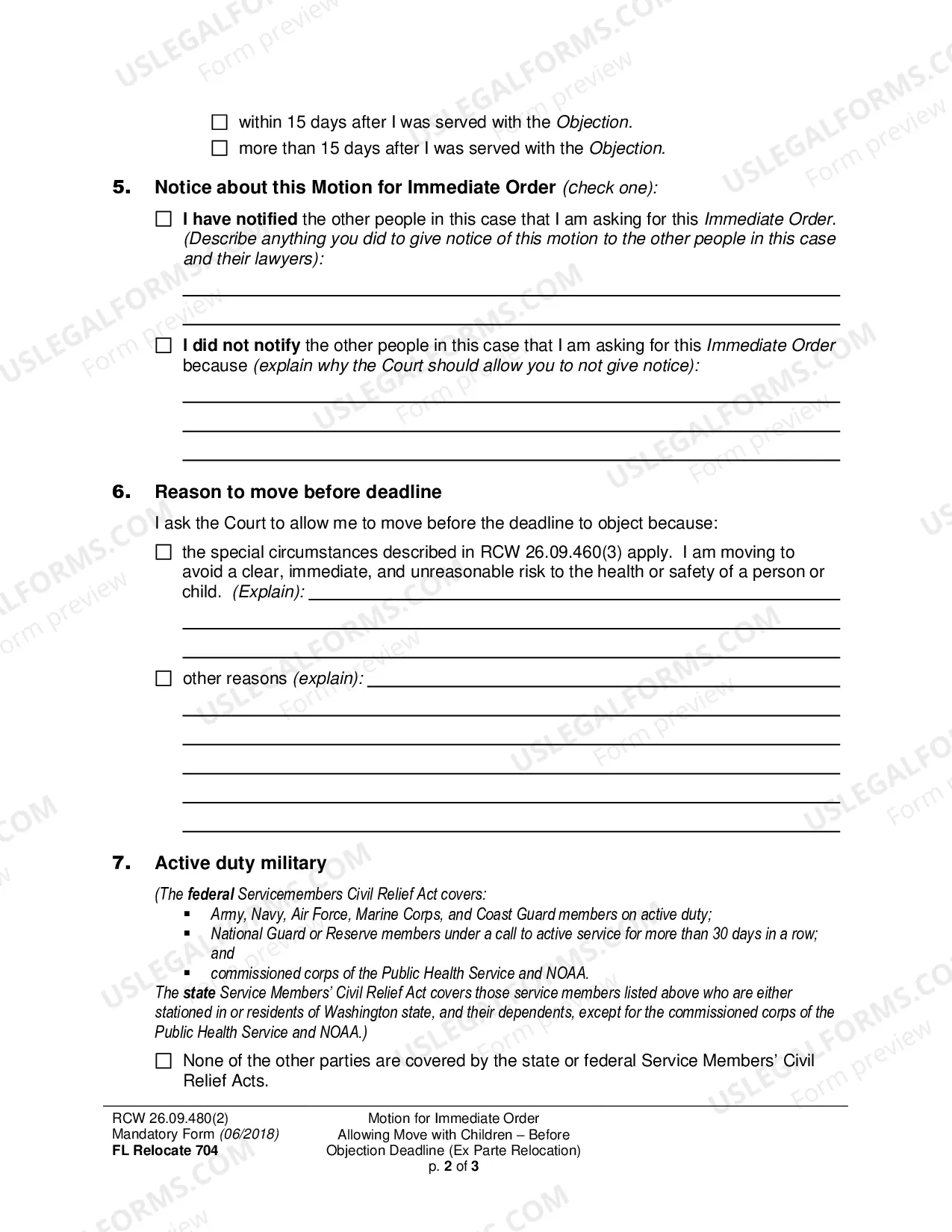 Preview Motion for Immediate Order Allowing Move with Children - Before Objection Deadline (Ex Parte Relocation)