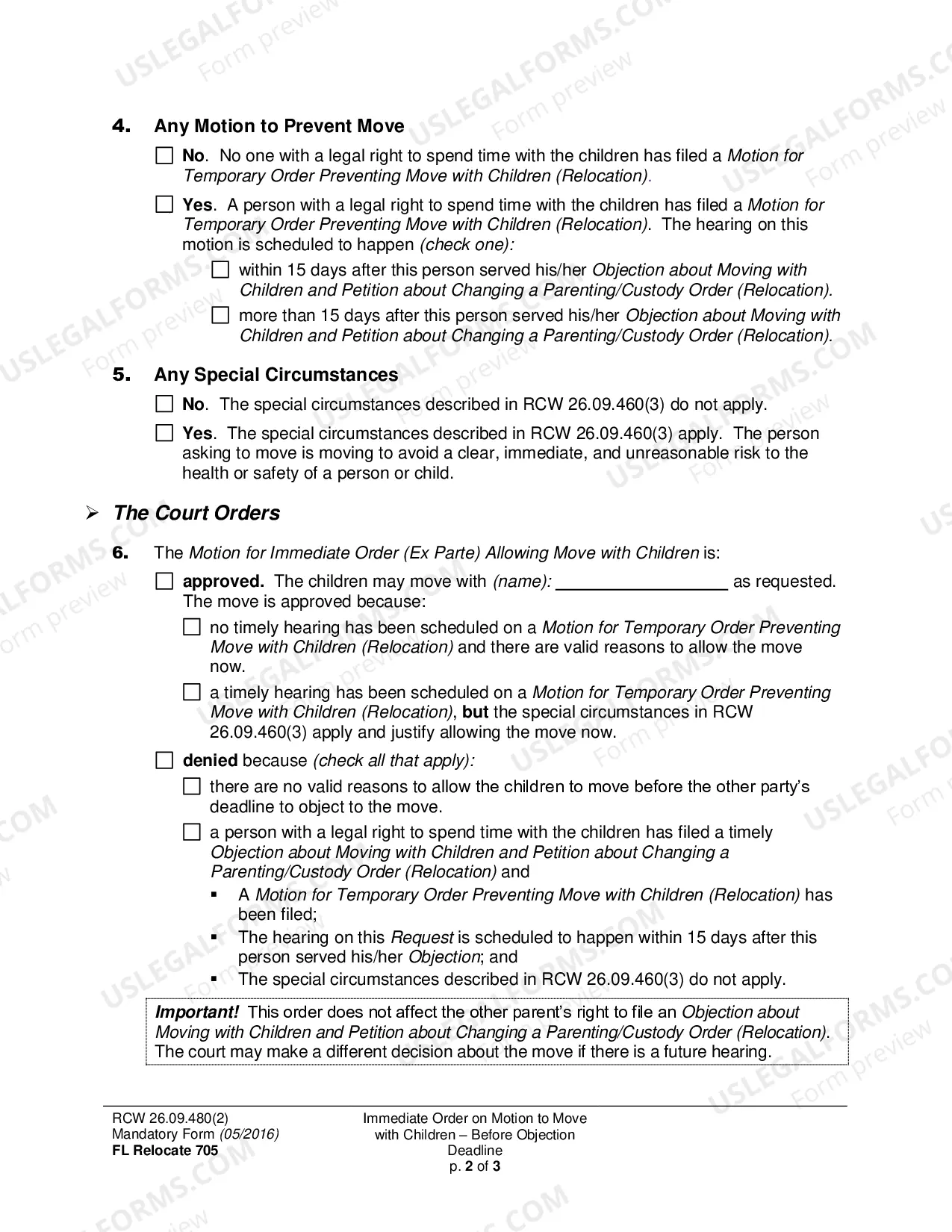 Preview Immediate Order on Motion to Move with Children - Before Objection Deadline (Ex Parte Relocation)