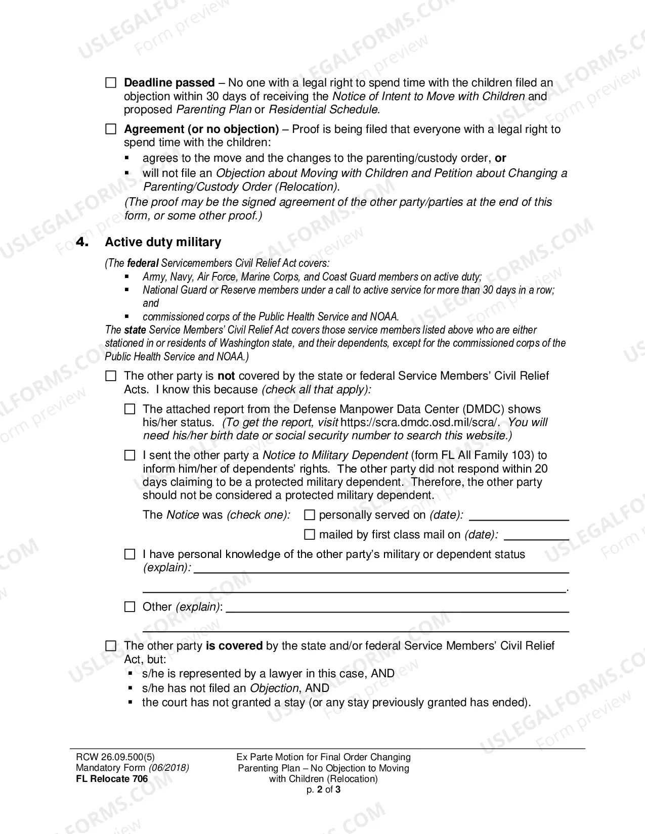 Preview Ex Parte Motion for Final Order Changing Parenting Plan - No Objection to Moving with Children (Relocation)