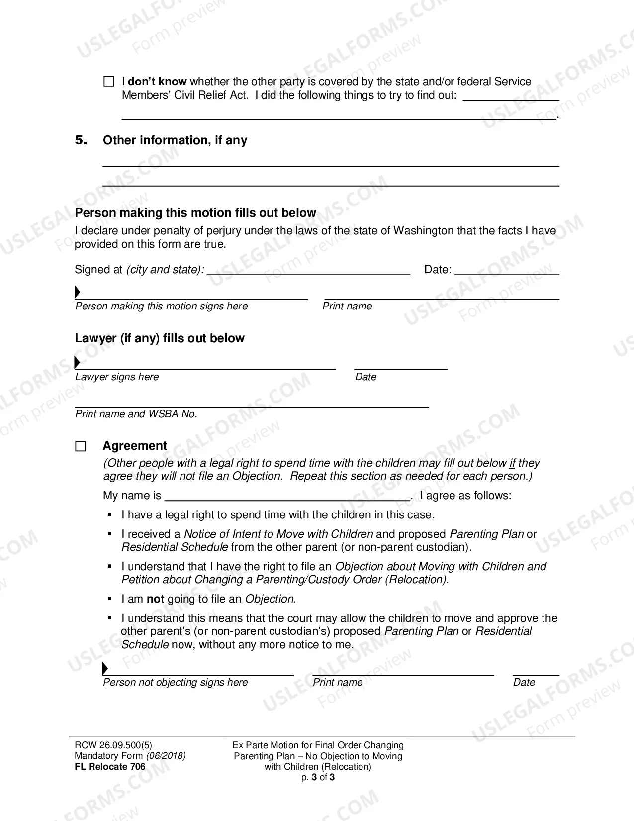 Preview Ex Parte Motion for Final Order Changing Parenting Plan - No Objection to Moving with Children (Relocation)