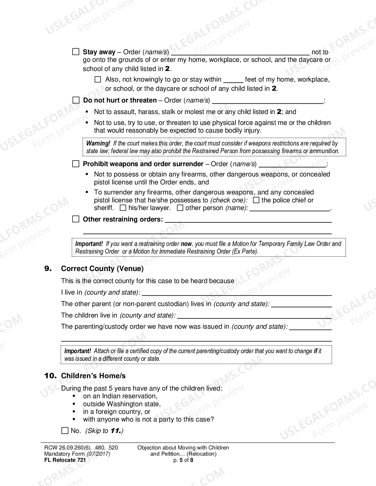 Preview Objection about Moving with Children and Petition about Changing a Parenting/Custody Order (Relocation)
