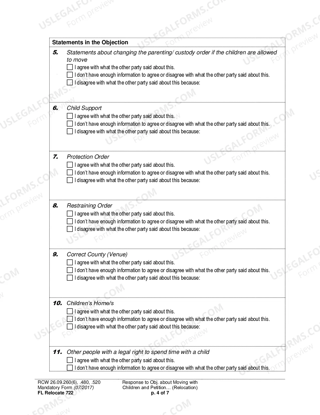 Preview Response to Objection about Moving with Children and Petition about Changing a Parenting/Custody Order (Relocation)