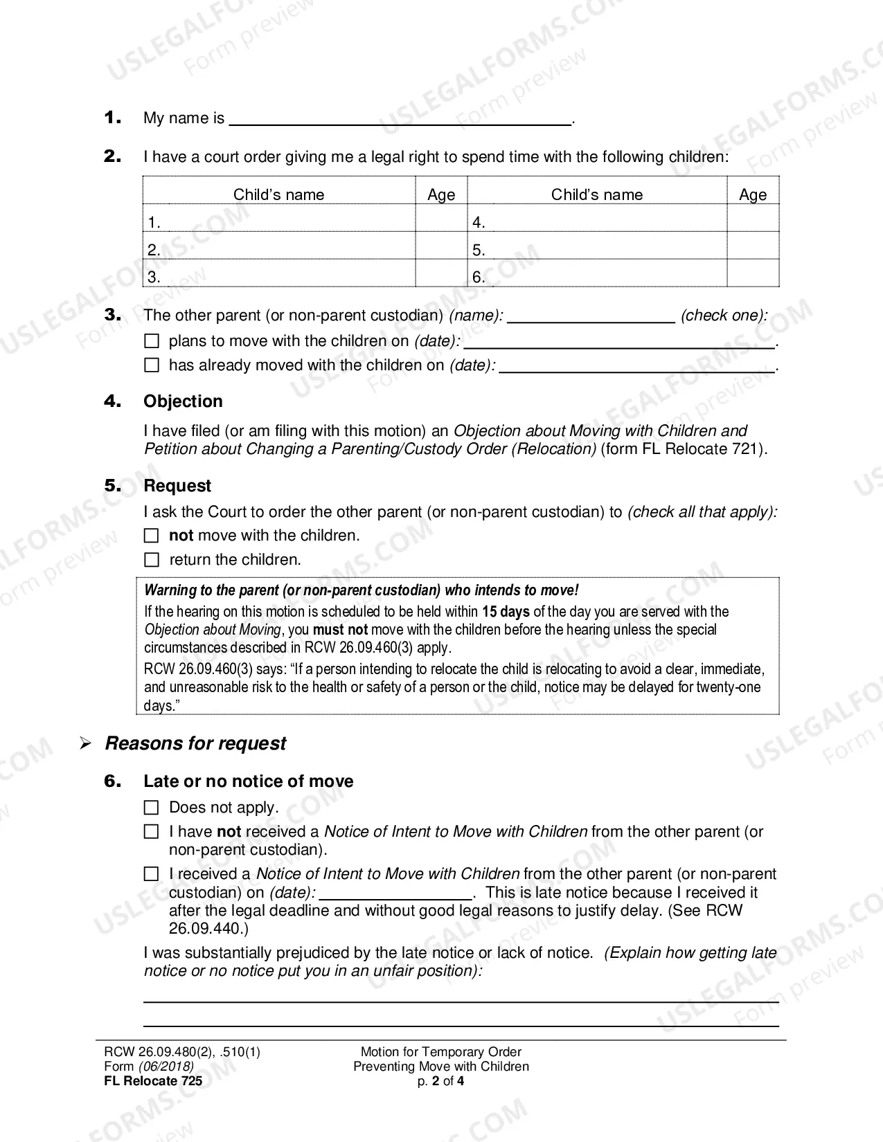 Preview Motion for Temporary Order Preventing Move with Children (Relocation)