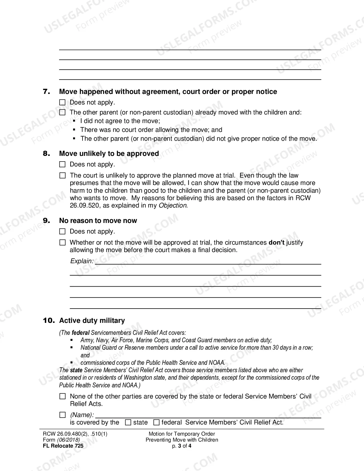 Preview Motion for Temporary Order Preventing Move with Children (Relocation)