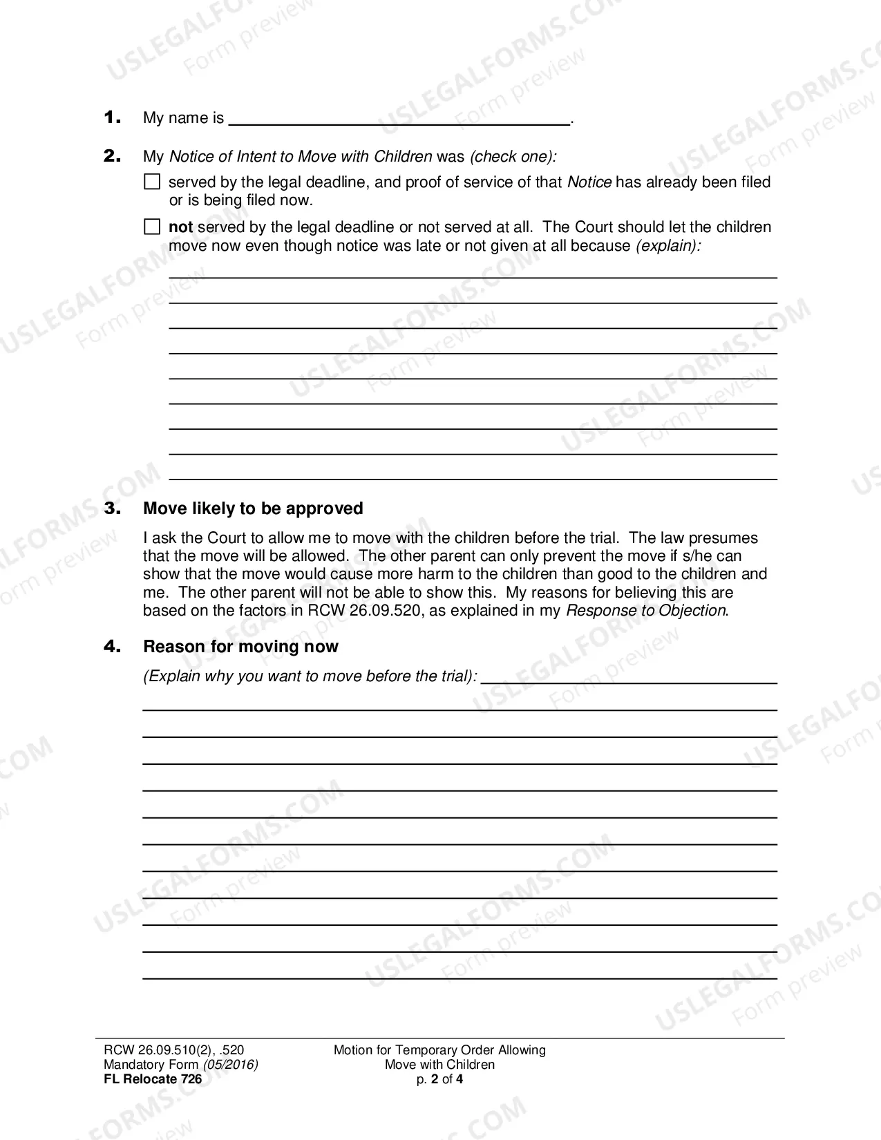 Preview Motion for Temporary Order Allowing Move with Children (Relocation)