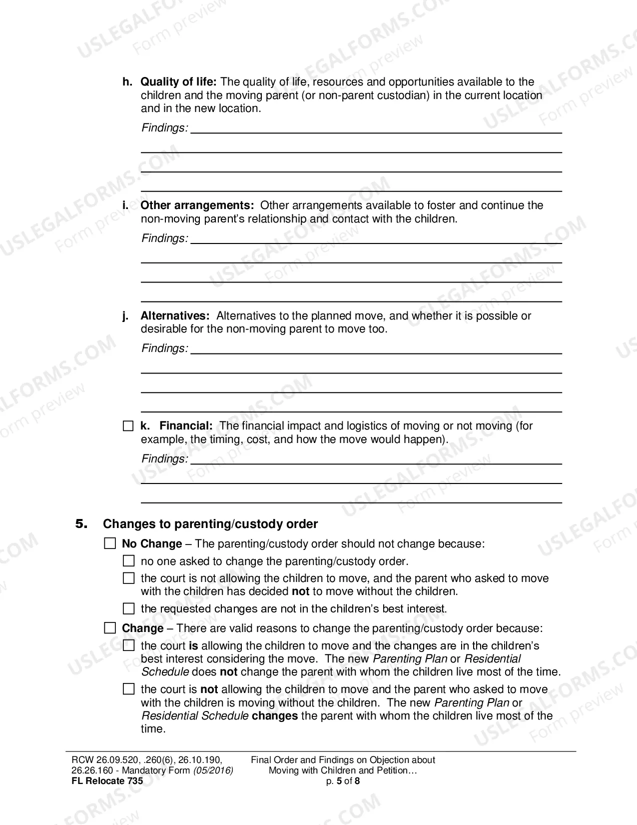 Preview Final Order and Findings on Objection about Moving with Children and Petition about Changing a Parenting/Custody Order (Relocation)