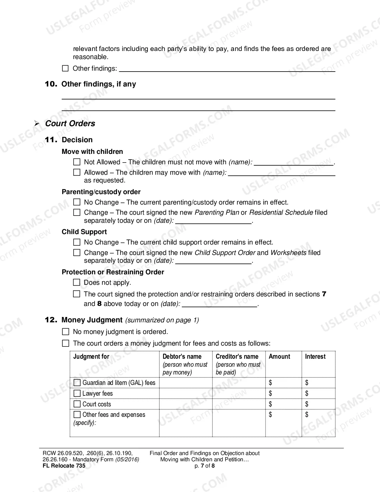 Preview Final Order and Findings on Objection about Moving with Children and Petition about Changing a Parenting/Custody Order (Relocation)