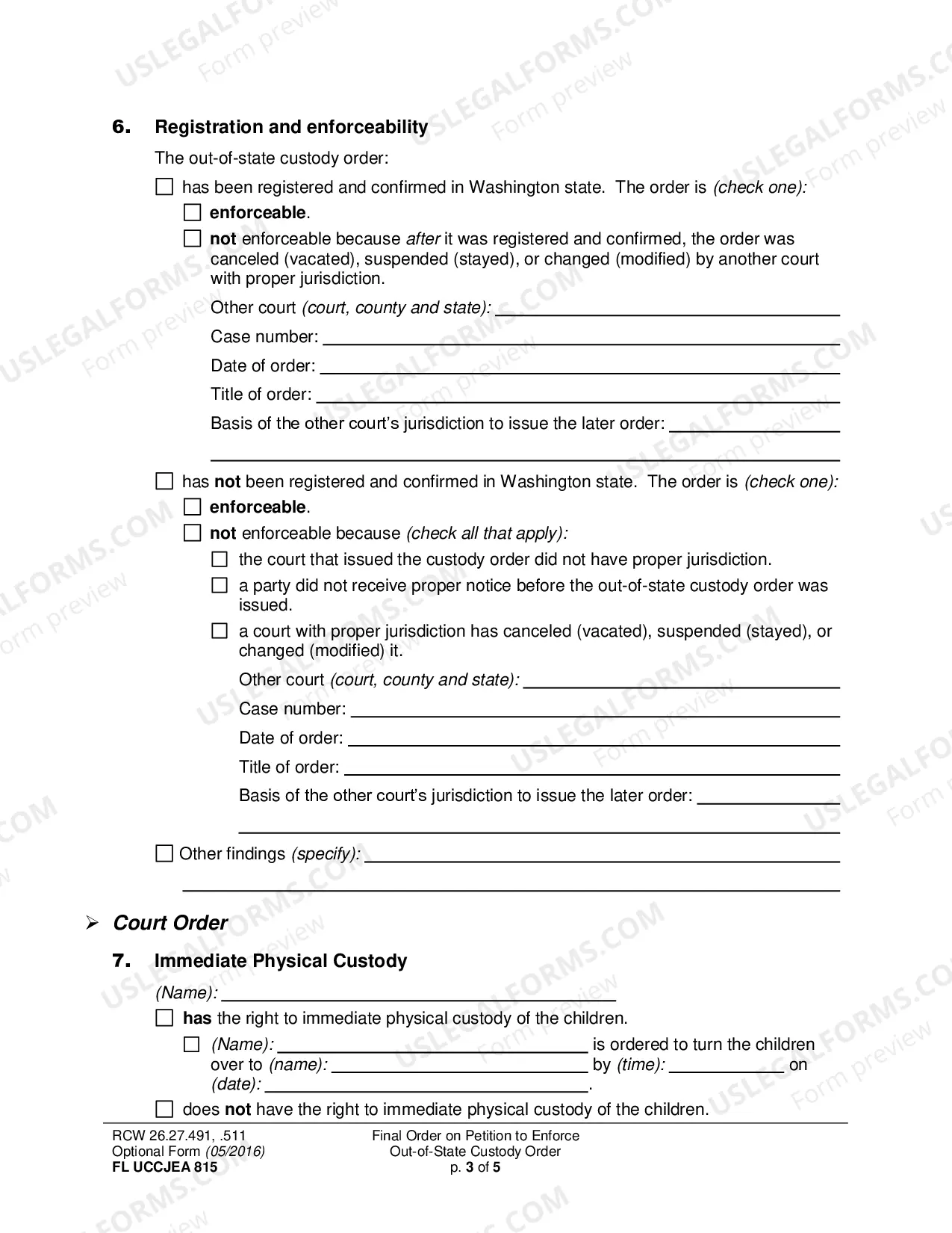 Preview Final Order on Petition to Enforce Out-of-State Custody Order