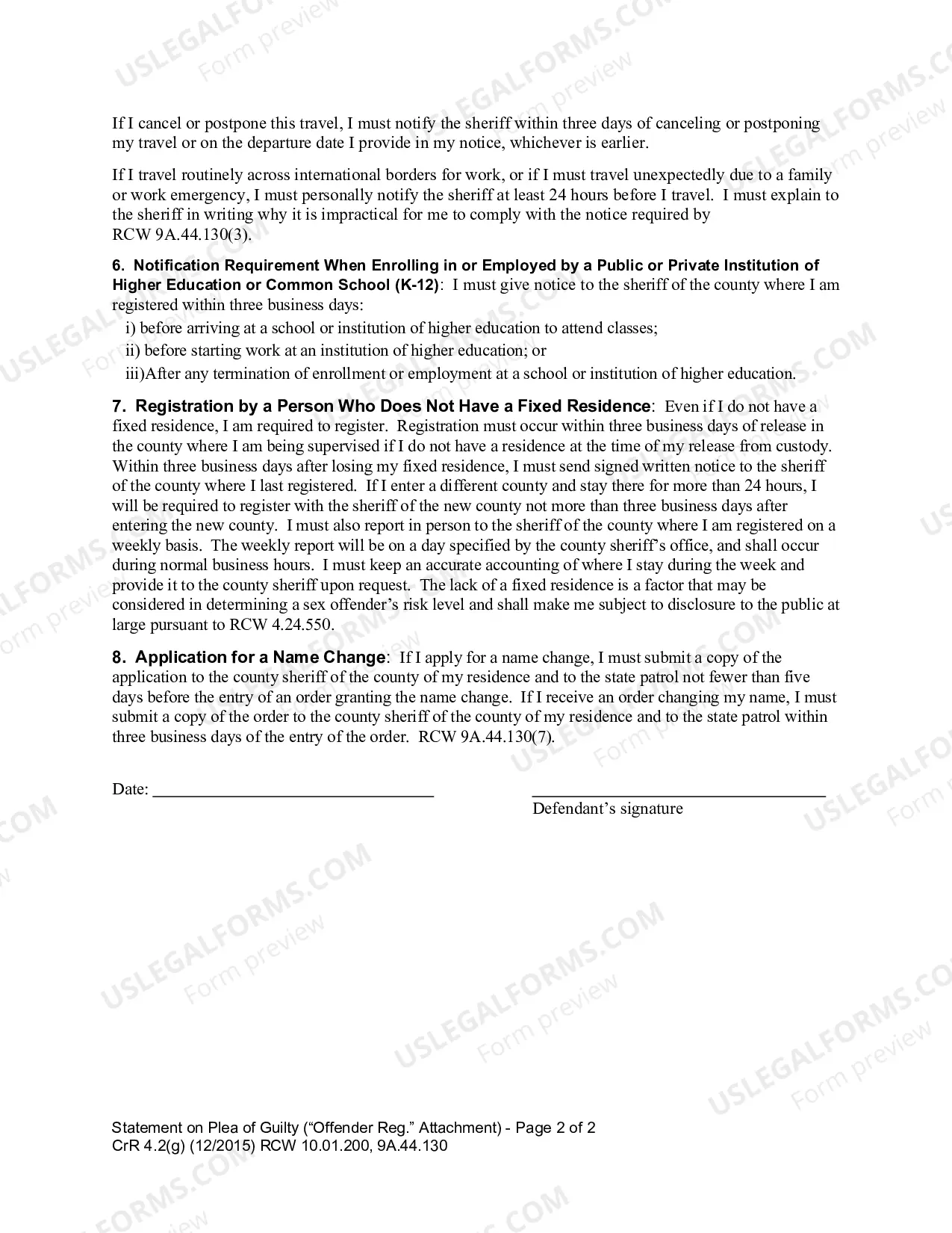 Preview Statement On Plea of Guilty Offender Registration Attachment