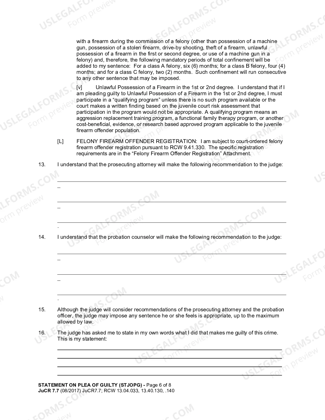 Preview Statement On Plea of Guilty Offender Registration Attachment (For Sex Offense Or Kidnapping Offense Juvenile Court)