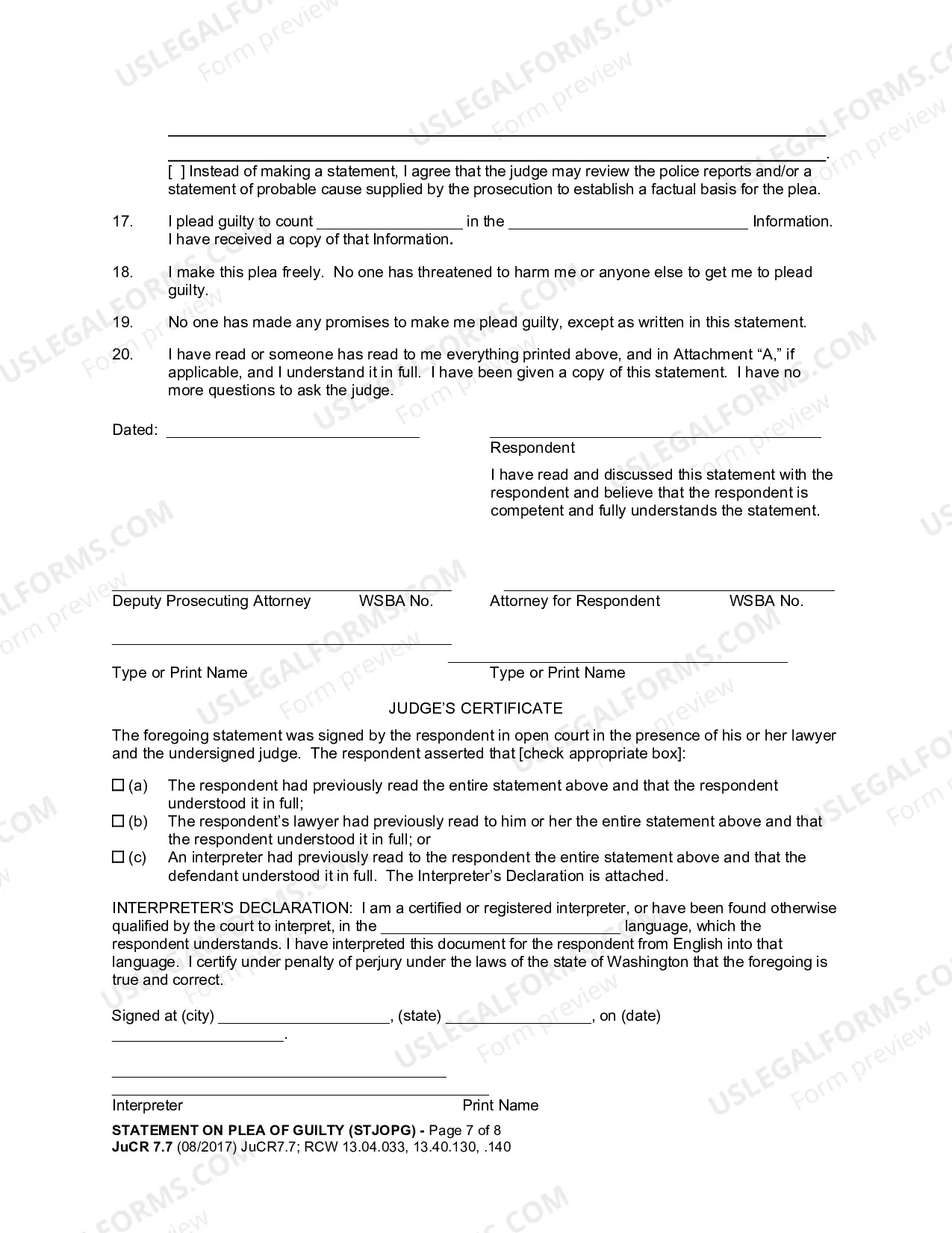 Preview Statement On Plea of Guilty Offender Registration Attachment (For Sex Offense Or Kidnapping Offense Juvenile Court)