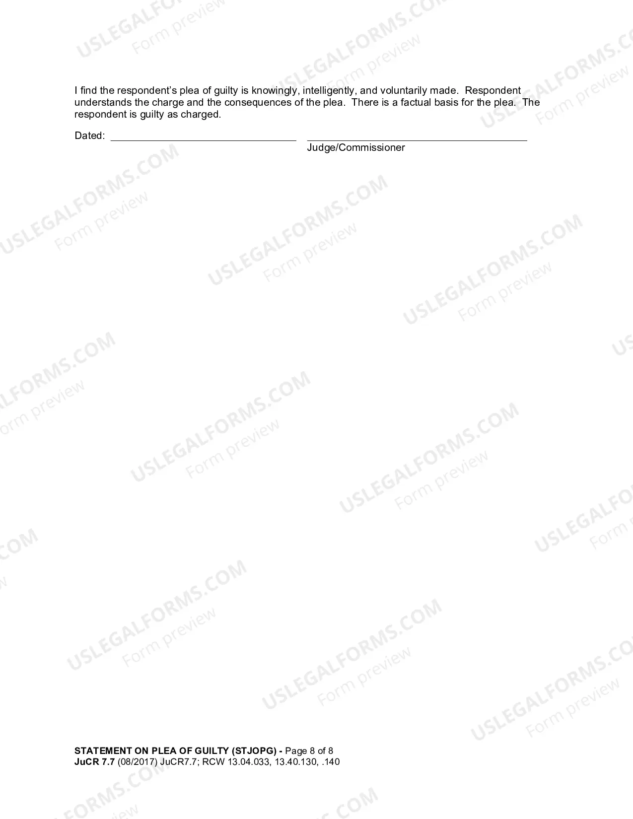 Preview Statement On Plea of Guilty Offender Registration Attachment (For Sex Offense Or Kidnapping Offense Juvenile Court)