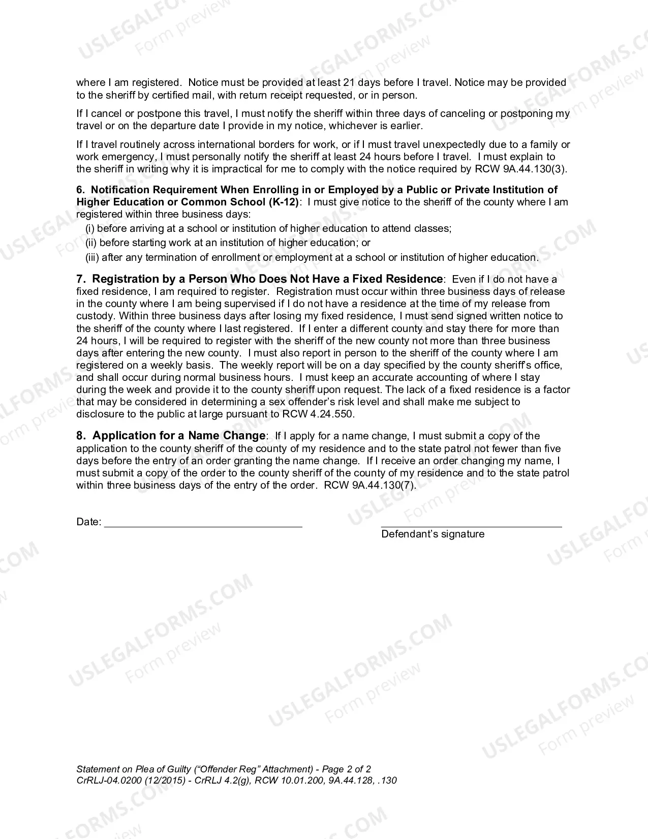 Preview Statement On Plea of Guilty Offender Registration Attachment (Sex Offender Kidnapping Registration Requirements)