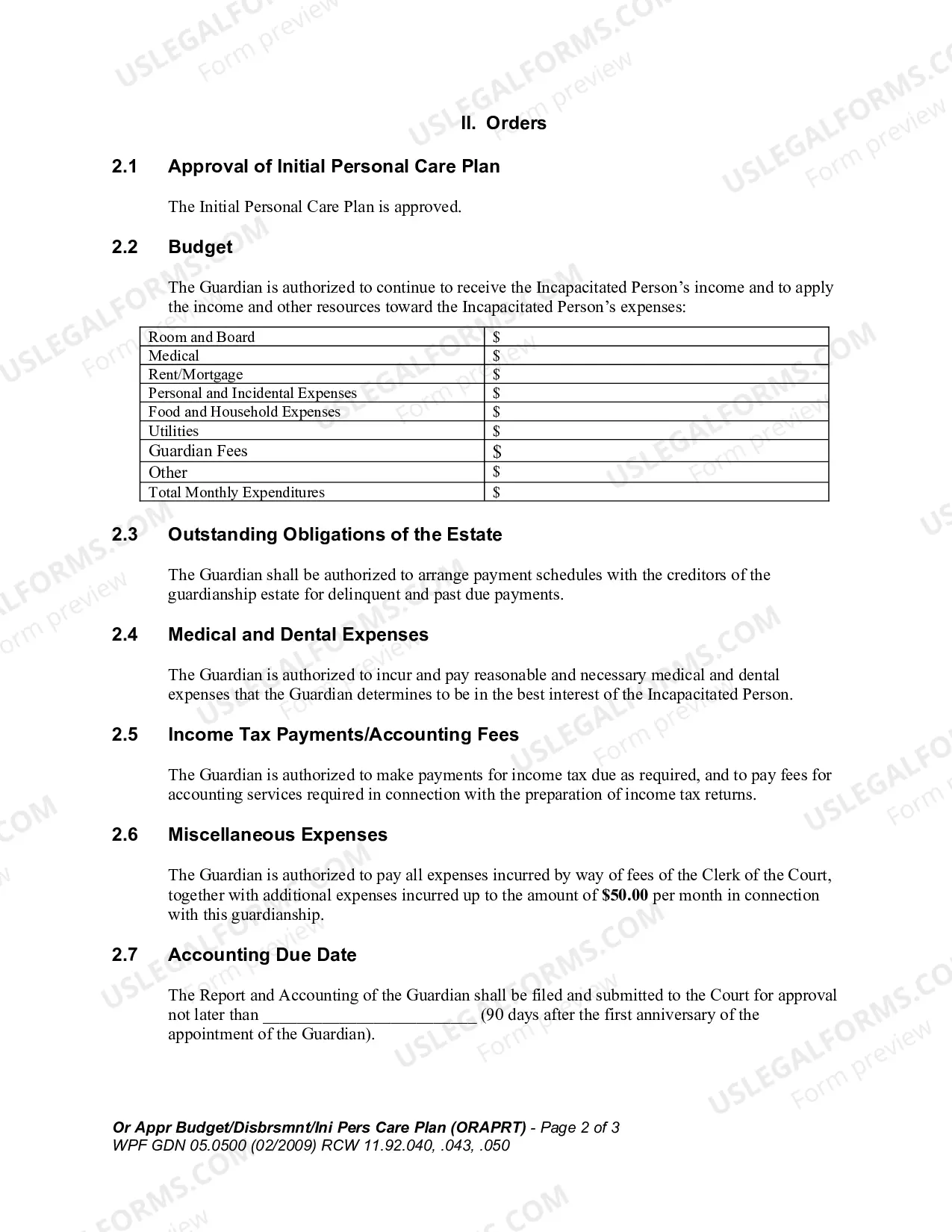 Preview Order Approving Budget, Disbursements, and Initial Personal Care Plan (ORAPRT)