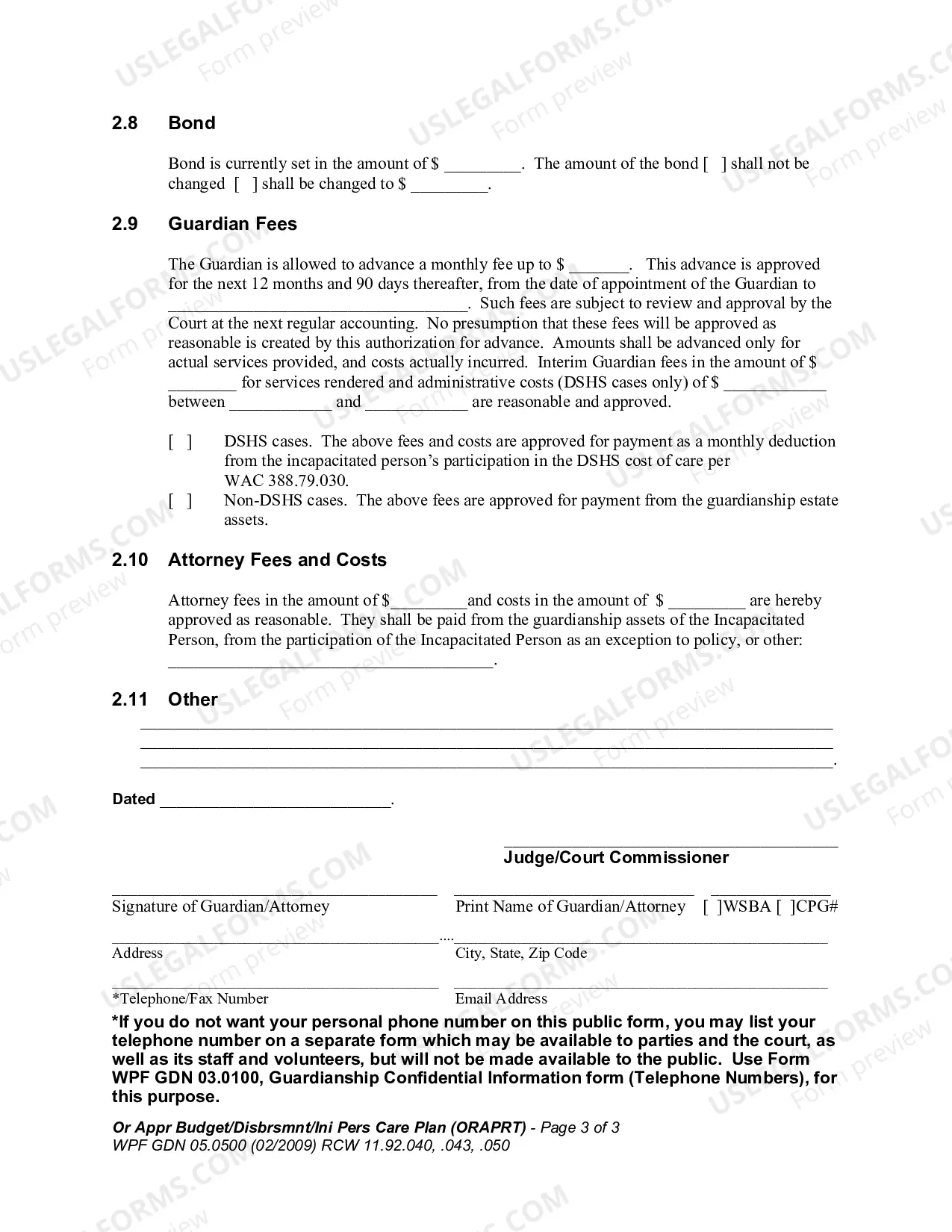 Preview Order Approving Budget, Disbursements, and Initial Personal Care Plan (ORAPRT)
