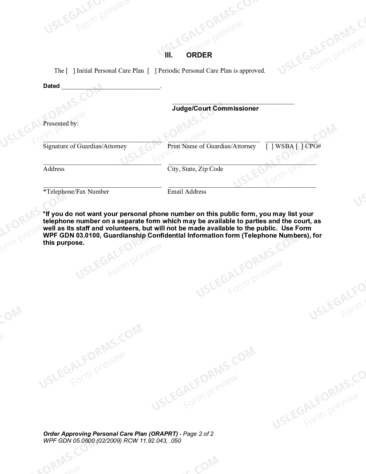 Preview Order Approving Personal Care Plan (ORAPRT)