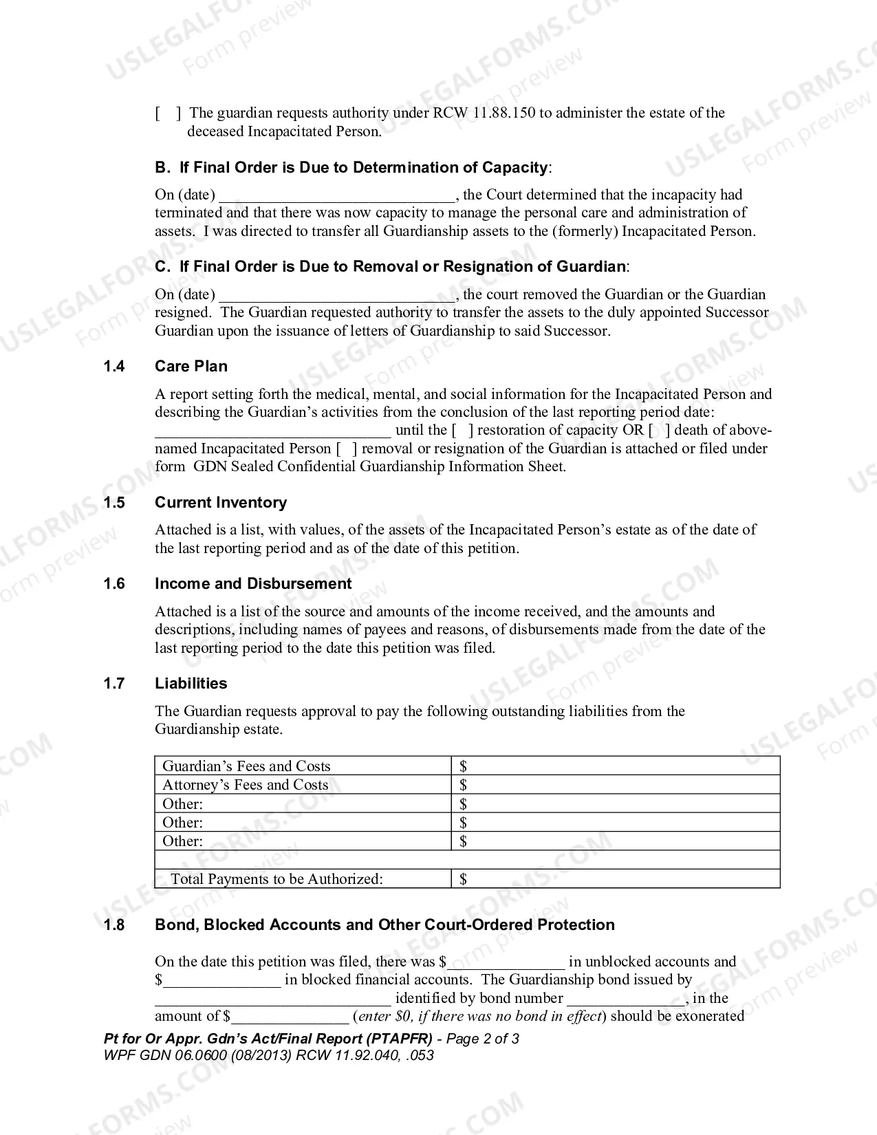 Preview Petition for Order Approving Guardian's Activities and Final Report (PTAPFR)