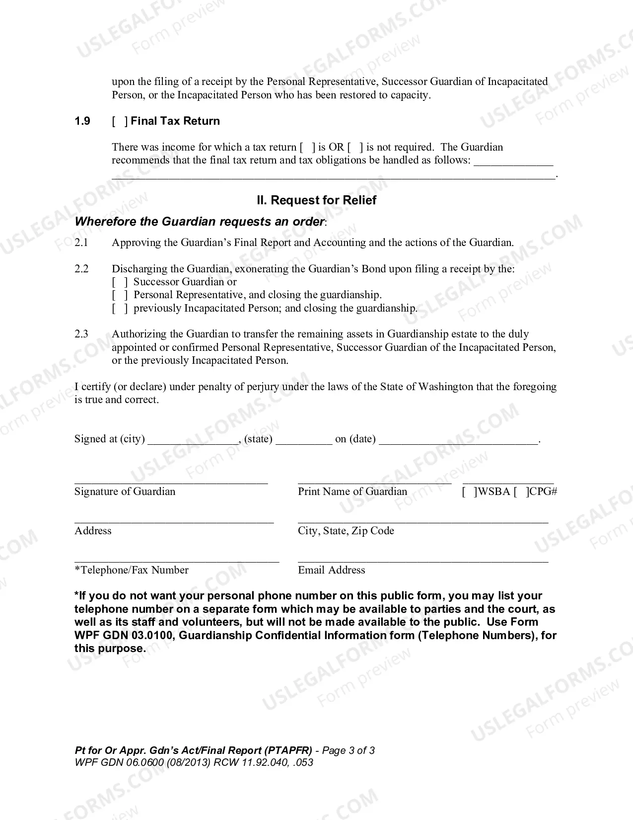 Preview Petition for Order Approving Guardian's Activities and Final Report (PTAPFR)
