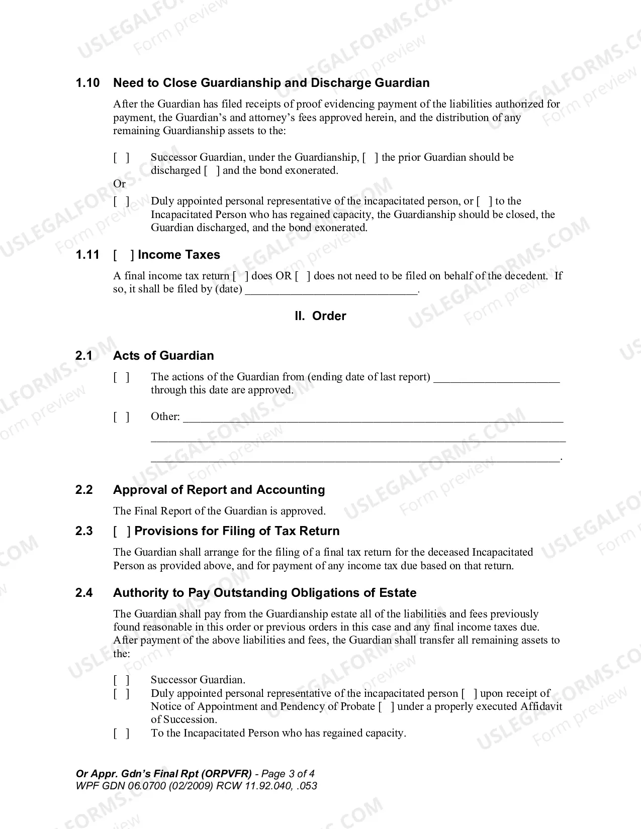Preview Order Approving Guardian's Final Report (ORPVFR)